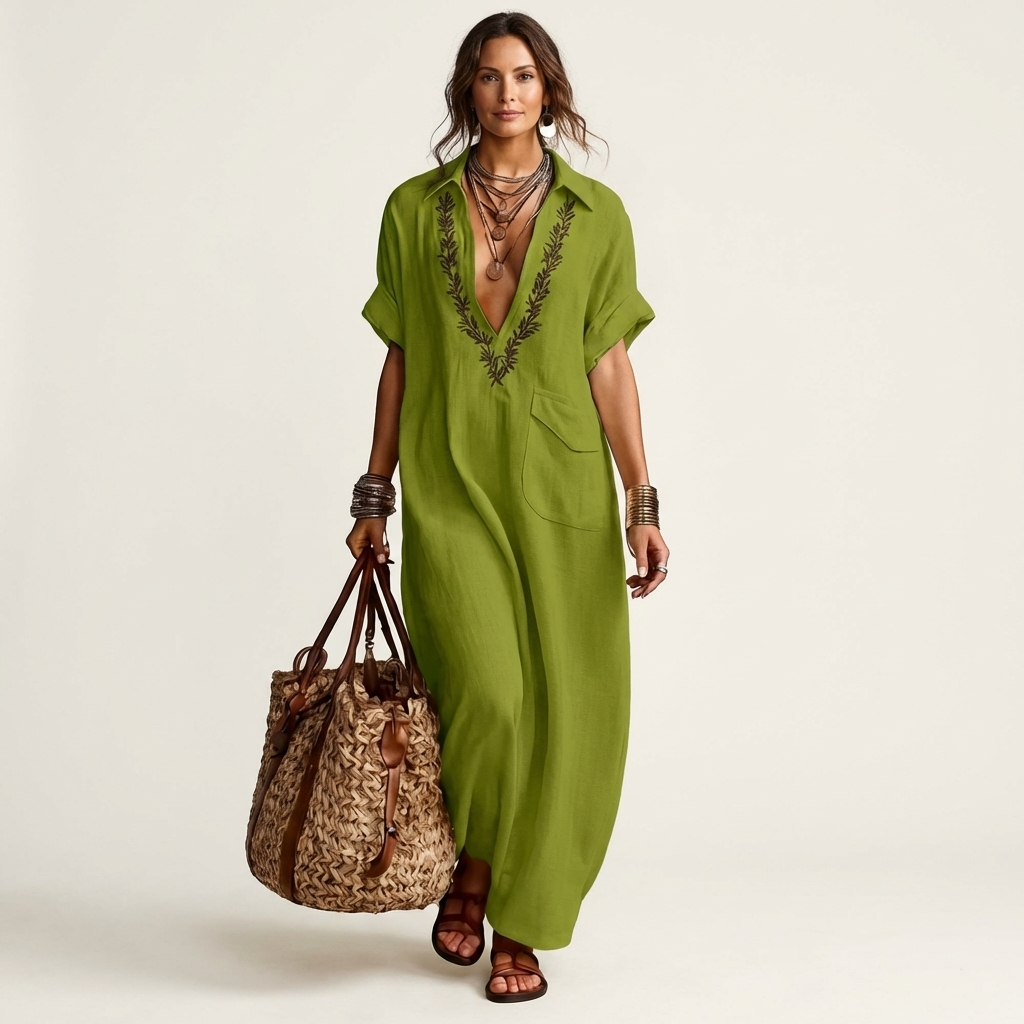 Amarina | Robe maxi en lin avec col en V brodé