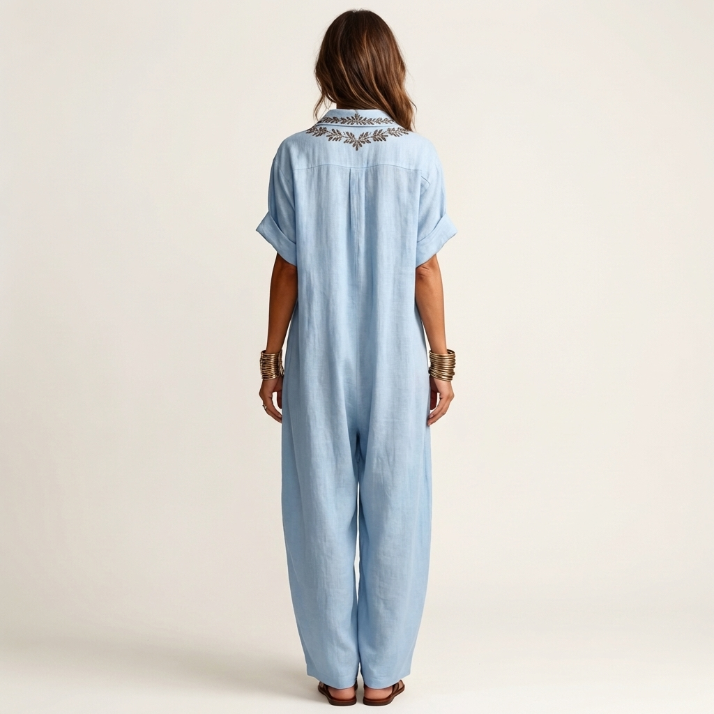 Amarina | Robe maxi en lin avec col en V brodé