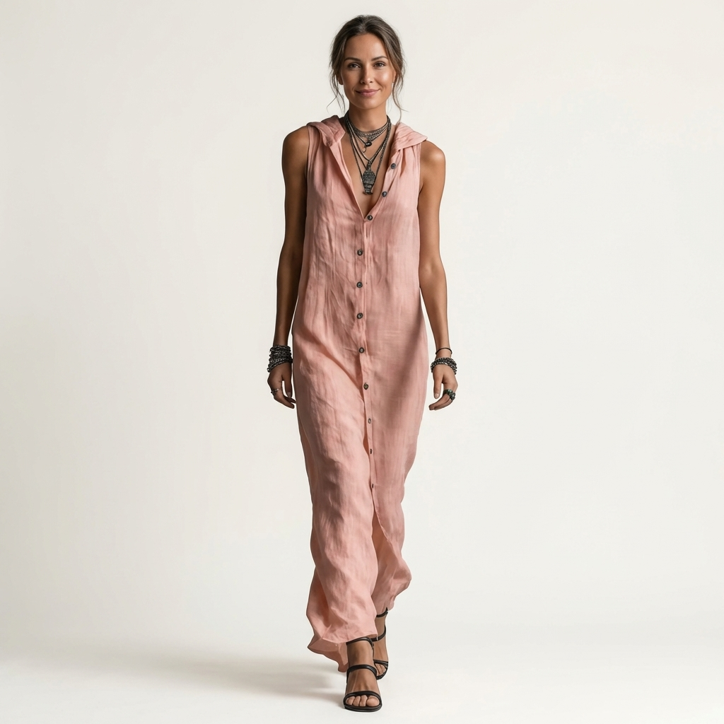 Mirabell | Robe Maxi Sans Manches à Boutons et Capuche