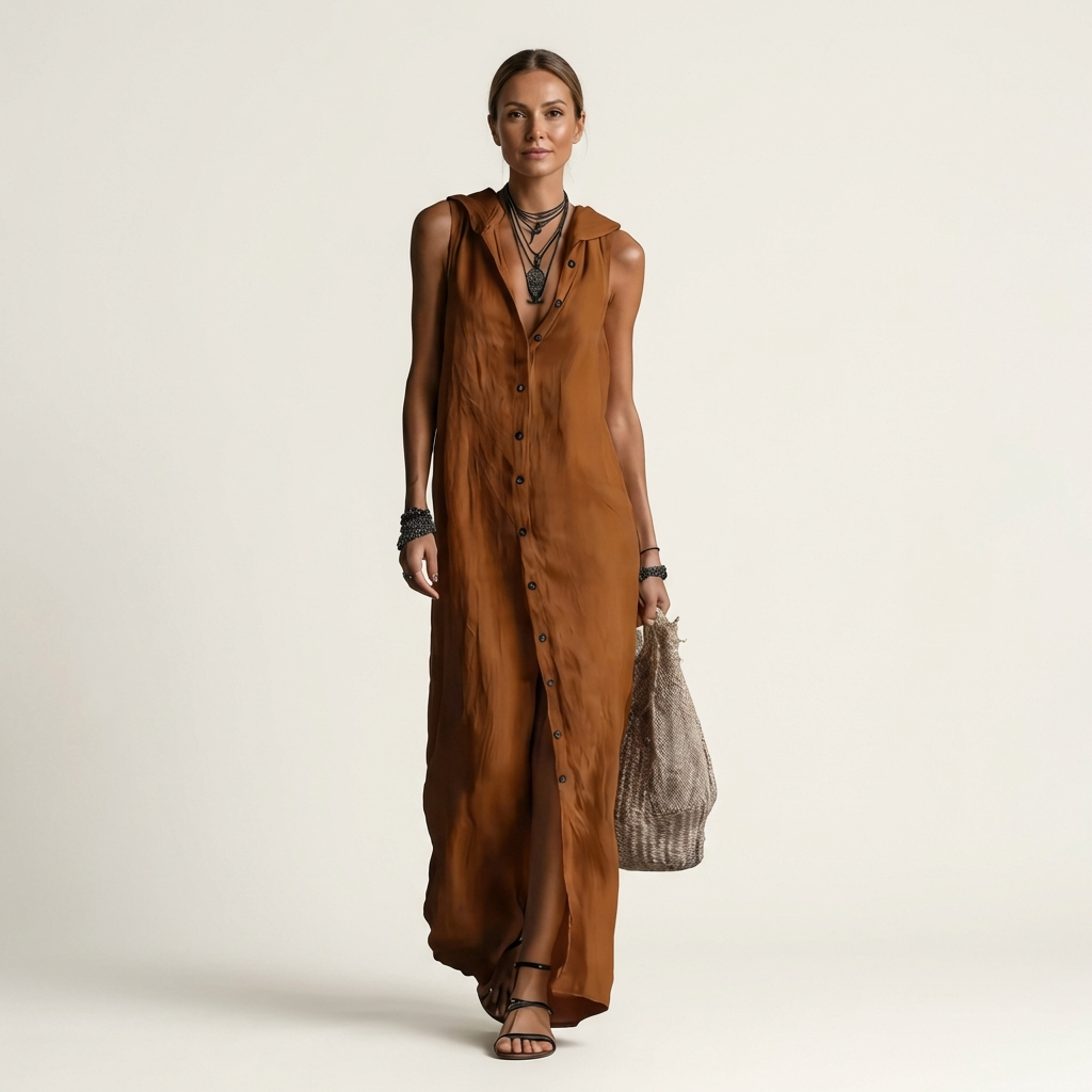 Mirabell | Robe Maxi Sans Manches à Boutons et Capuche