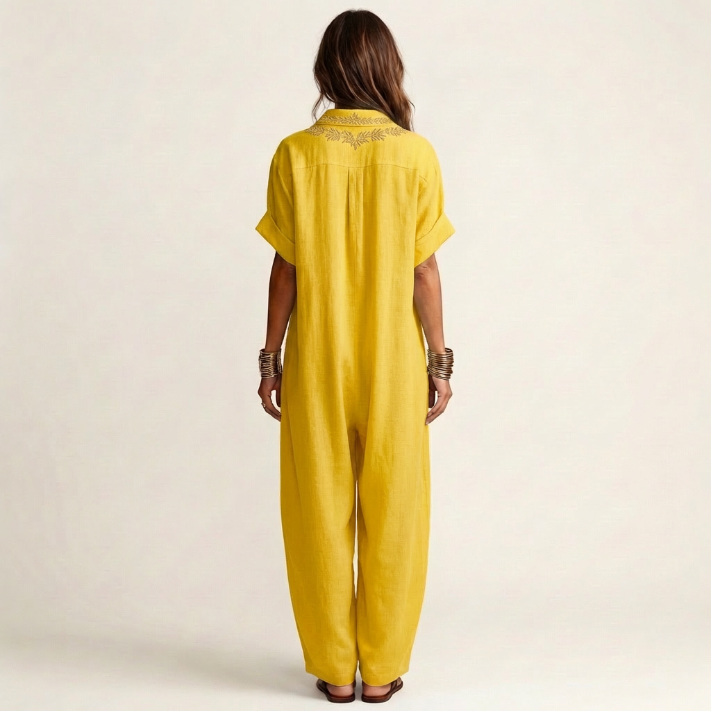 Amarina | Robe maxi en lin avec col en V brodé