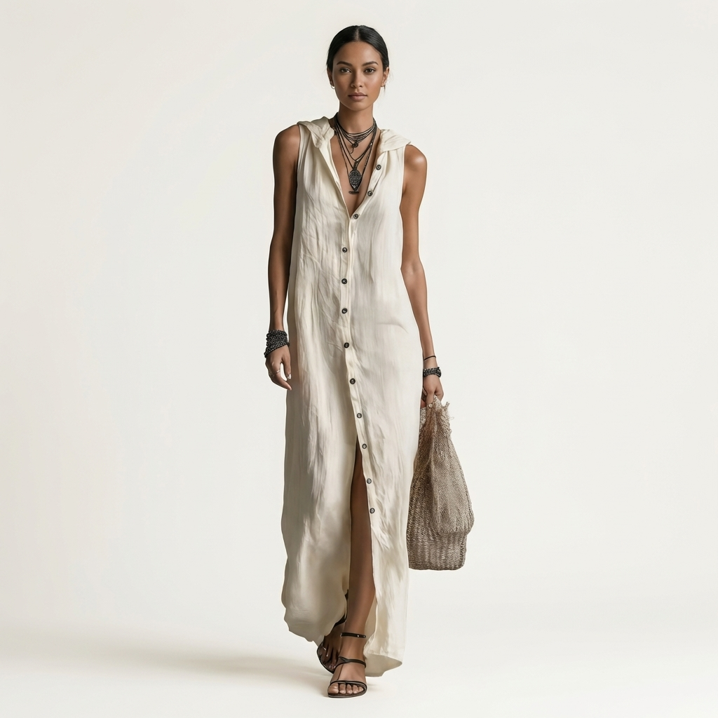 Mirabell | Robe Maxi Sans Manches à Boutons et Capuche