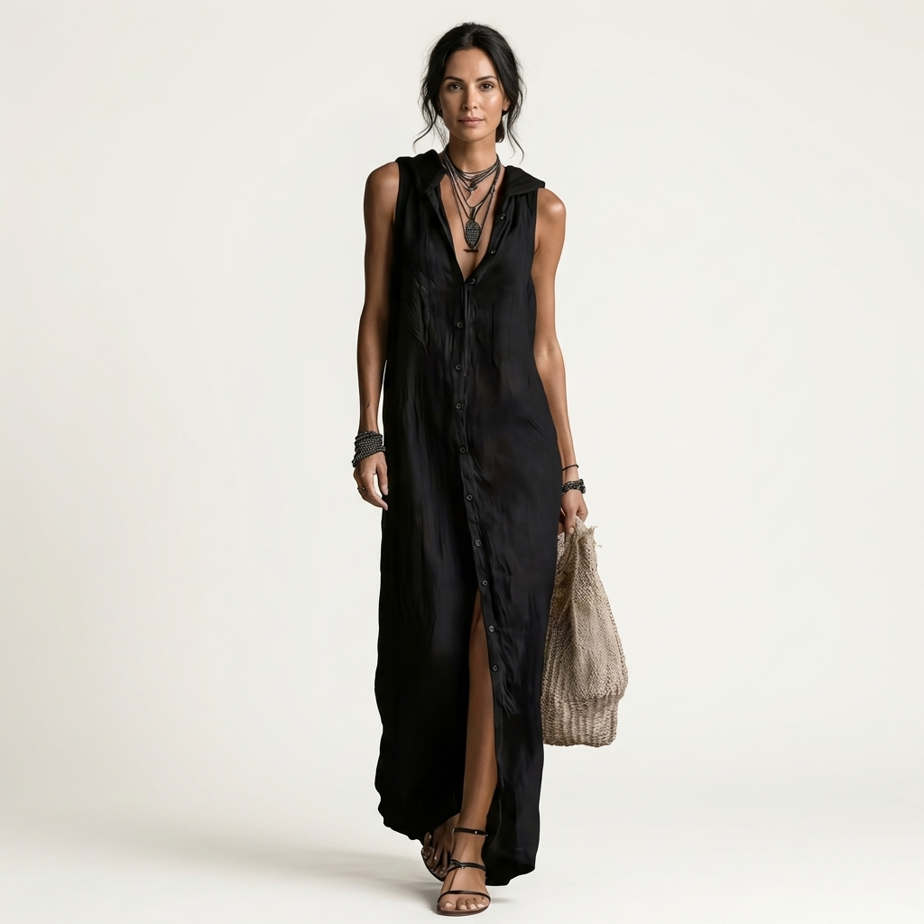 Mirabell | Robe Maxi Sans Manches à Boutons et Capuche