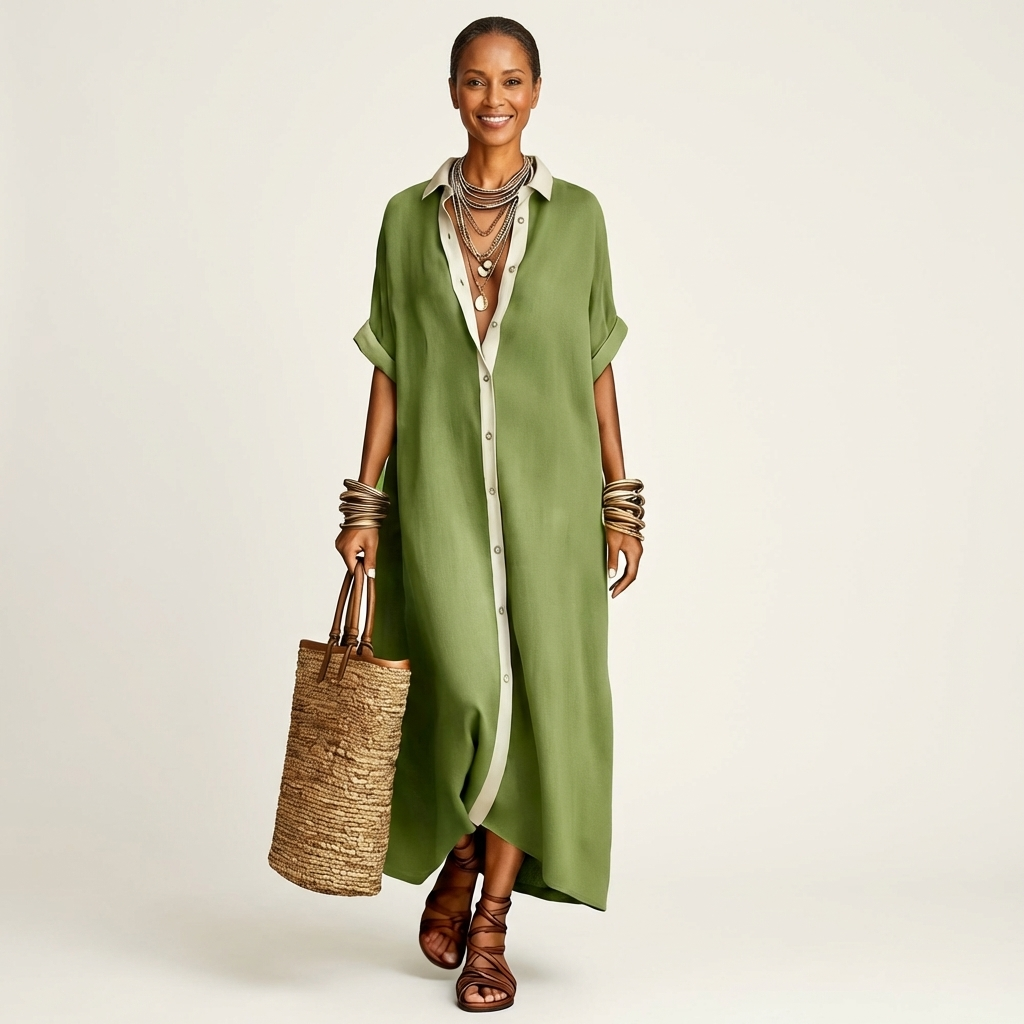 Kamira | Robe Chemise Maxi à Manches Courtes avec Col Contrasté et Boutonnage Frontal