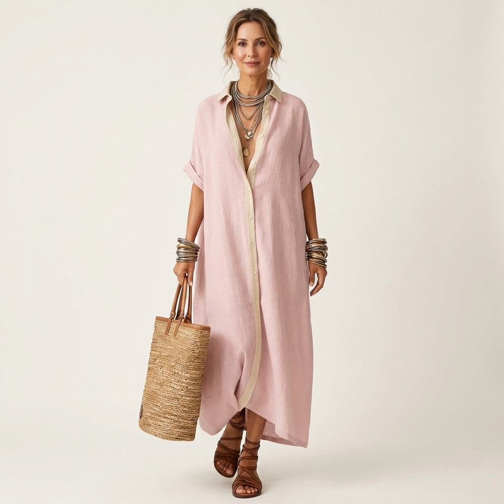 Kamira | Robe Chemise Maxi à Manches Courtes avec Col Contrasté et Boutonnage Frontal