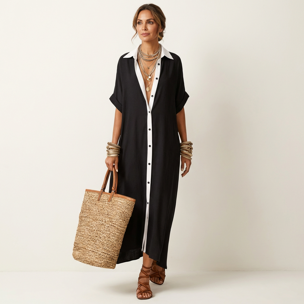 Kamira | Robe Chemise Maxi à Manches Courtes avec Col Contrasté et Boutonnage Frontal