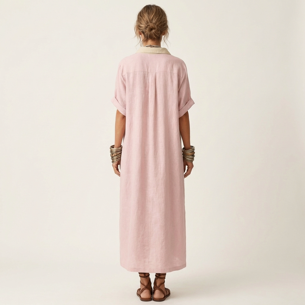 Kamira | Robe Chemise Maxi à Manches Courtes avec Col Contrasté et Boutonnage Frontal