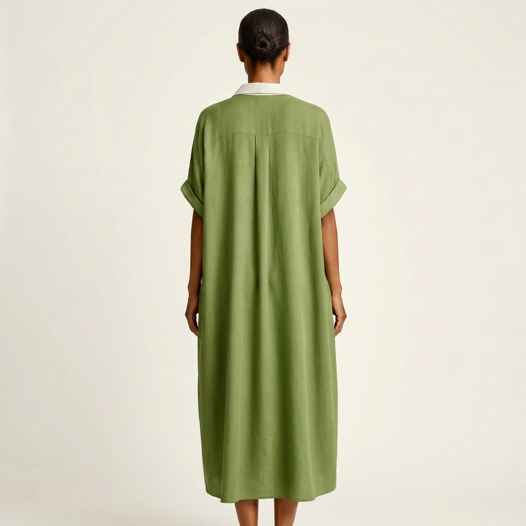 Kamira | Robe Chemise Maxi à Manches Courtes avec Col Contrasté et Boutonnage Frontal