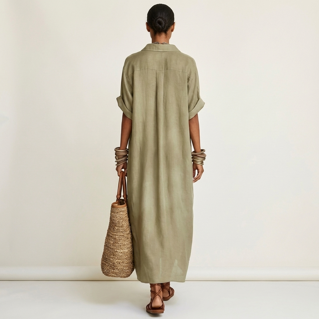 Kamira | Robe Chemise Maxi à Manches Courtes avec Col Contrasté et Boutonnage Frontal