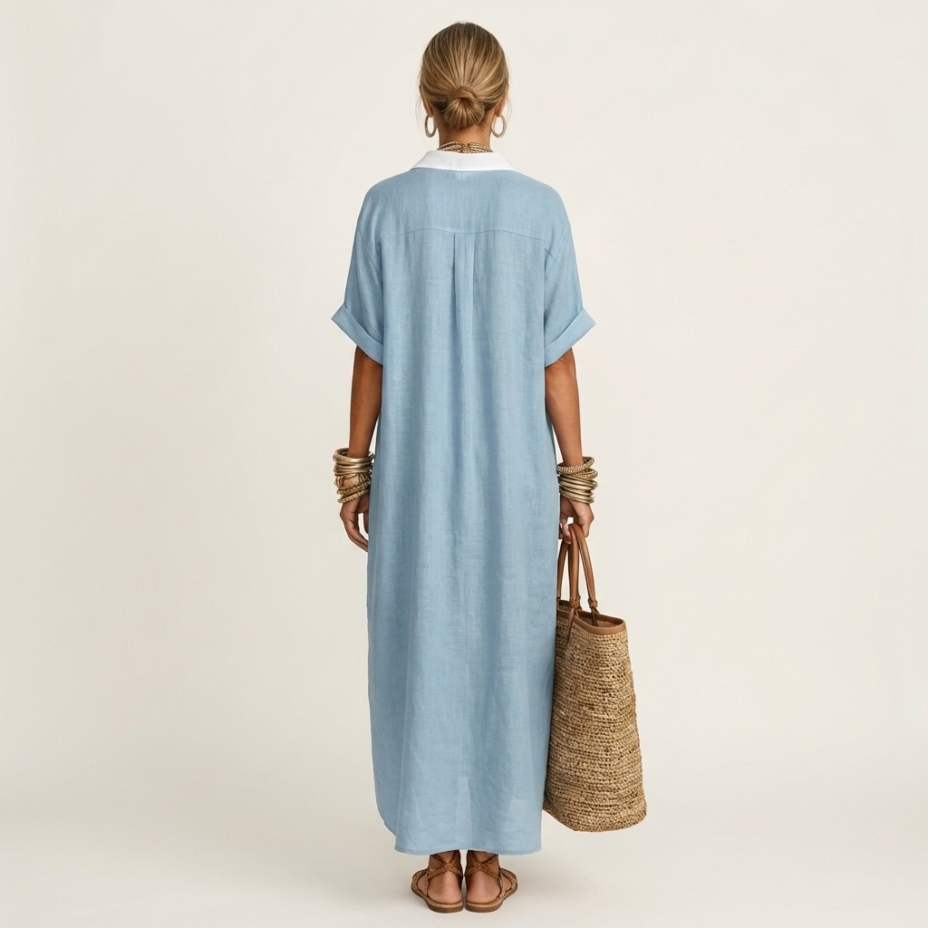 Kamira | Robe Chemise Maxi à Manches Courtes avec Col Contrasté et Boutonnage Frontal