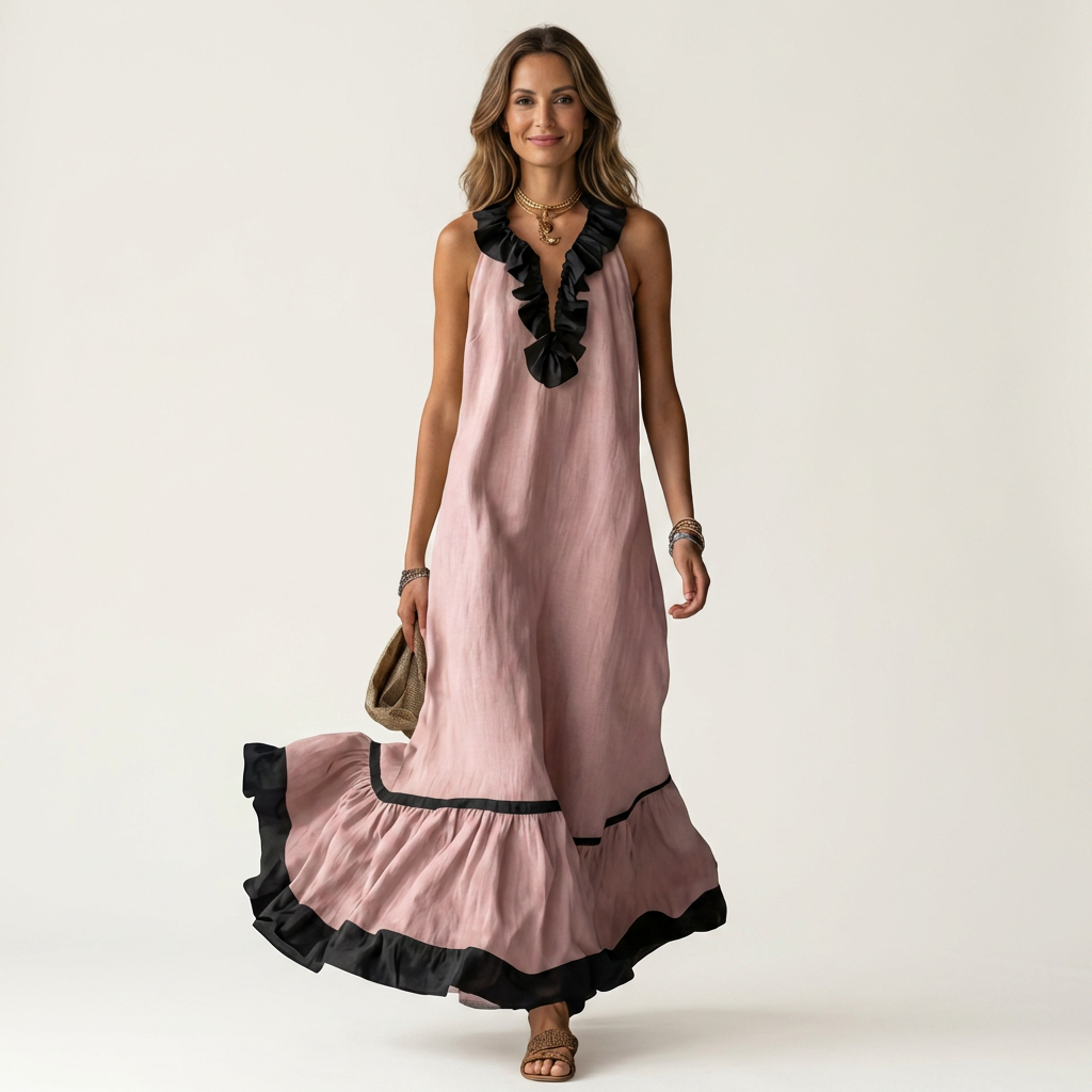 Mayline | Robe maxi sans manches avec col à volants et bordure contrastée