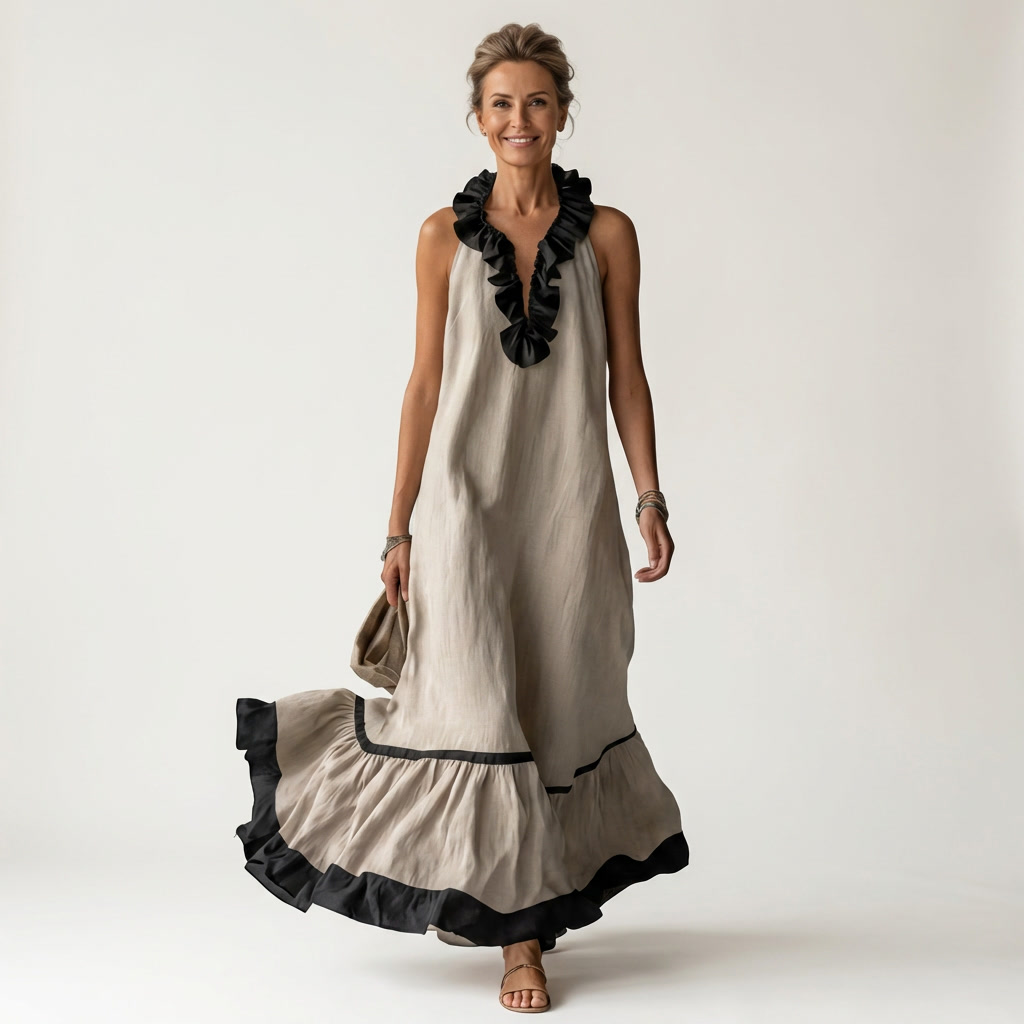 Mayline | Robe maxi sans manches avec col à volants et bordure contrastée