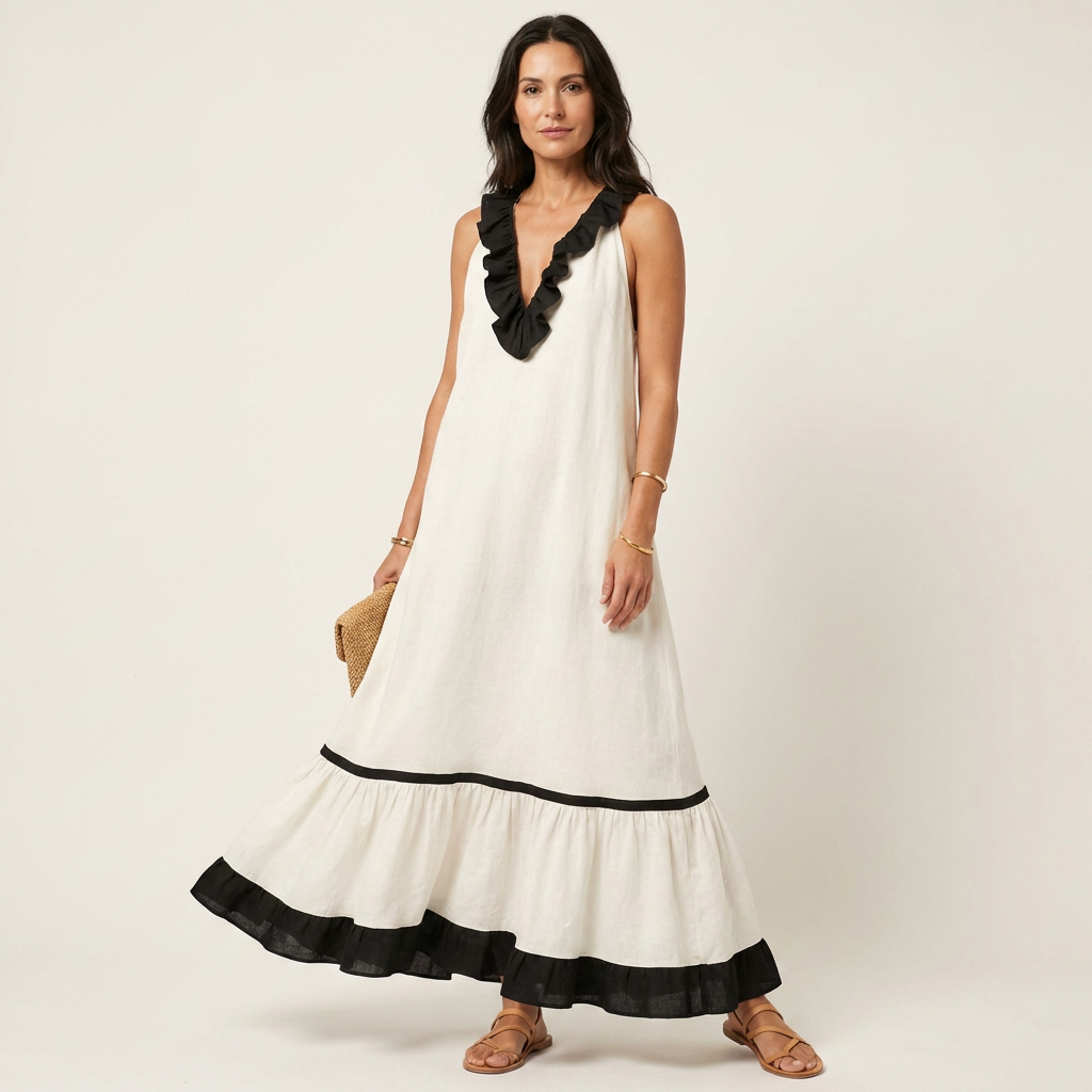 Mayline | Robe maxi sans manches avec col à volants et bordure contrastée
