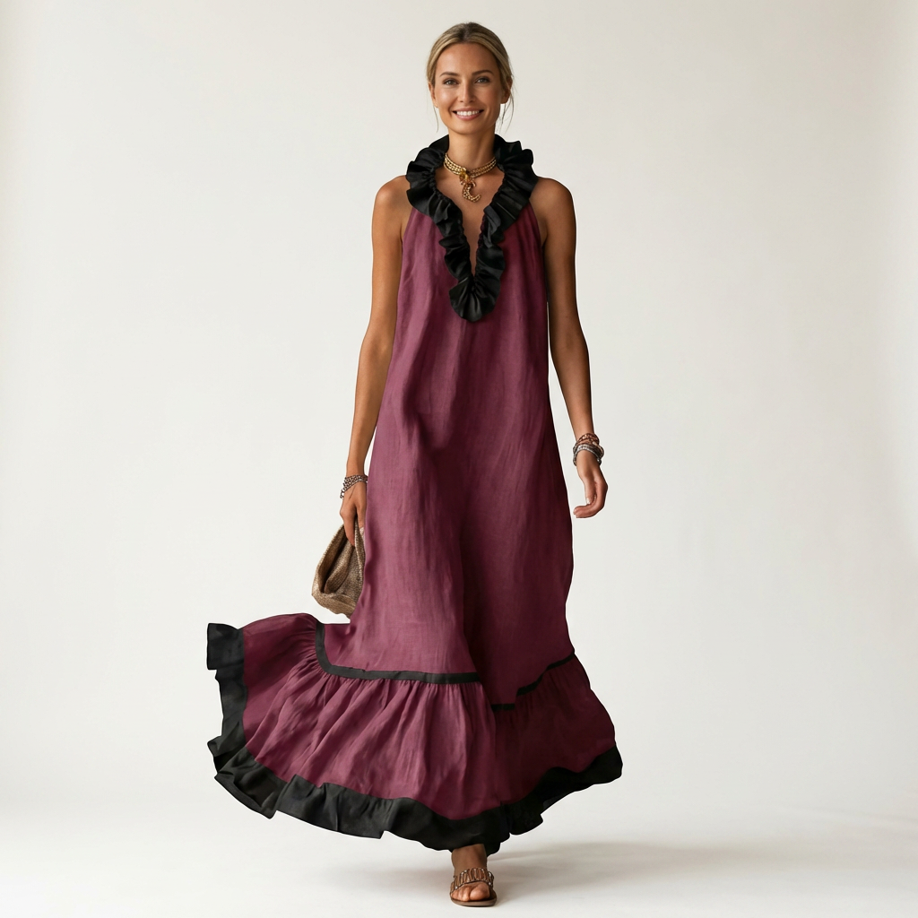 Mayline | Robe maxi sans manches avec col à volants et bordure contrastée