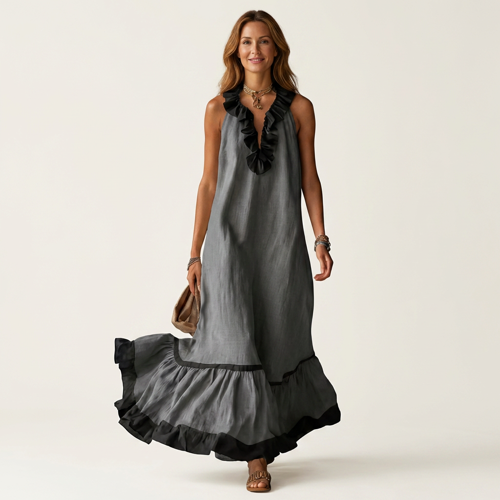 Mayline | Robe maxi sans manches avec col à volants et bordure contrastée