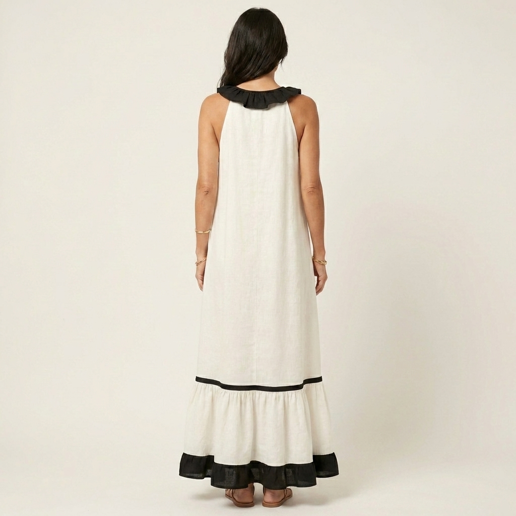 Mayline | Robe maxi sans manches avec col à volants et bordure contrastée