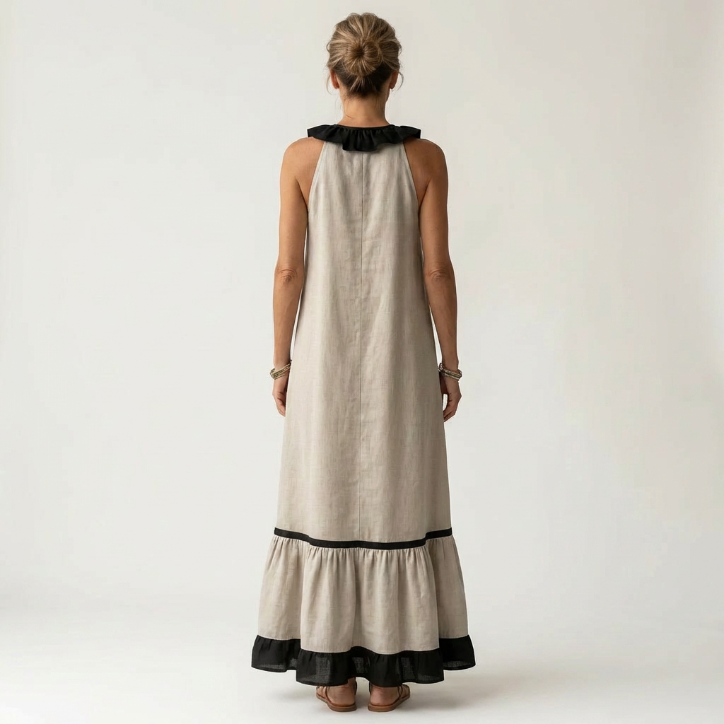 Mayline | Robe maxi sans manches avec col à volants et bordure contrastée