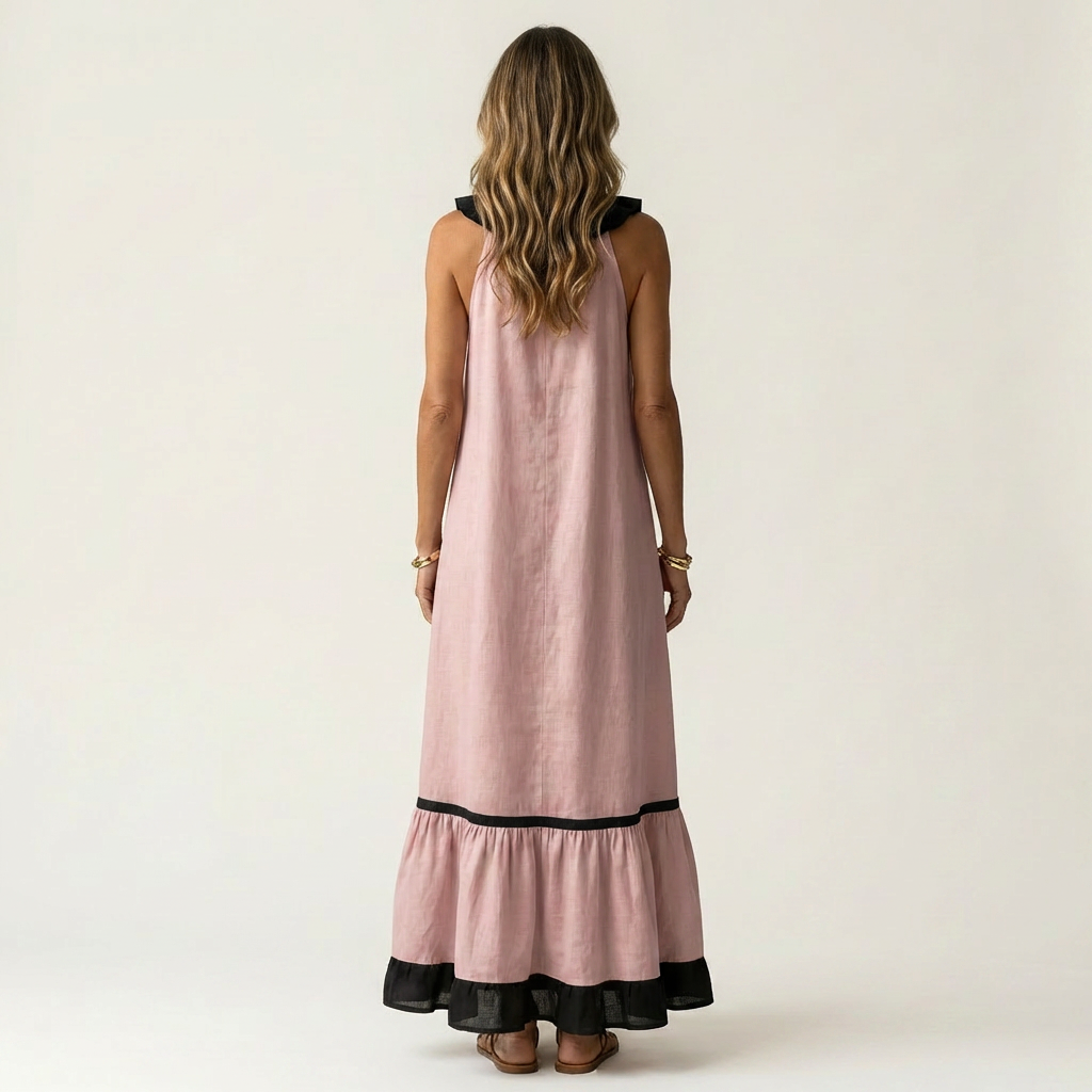 Mayline | Robe maxi sans manches avec col à volants et bordure contrastée