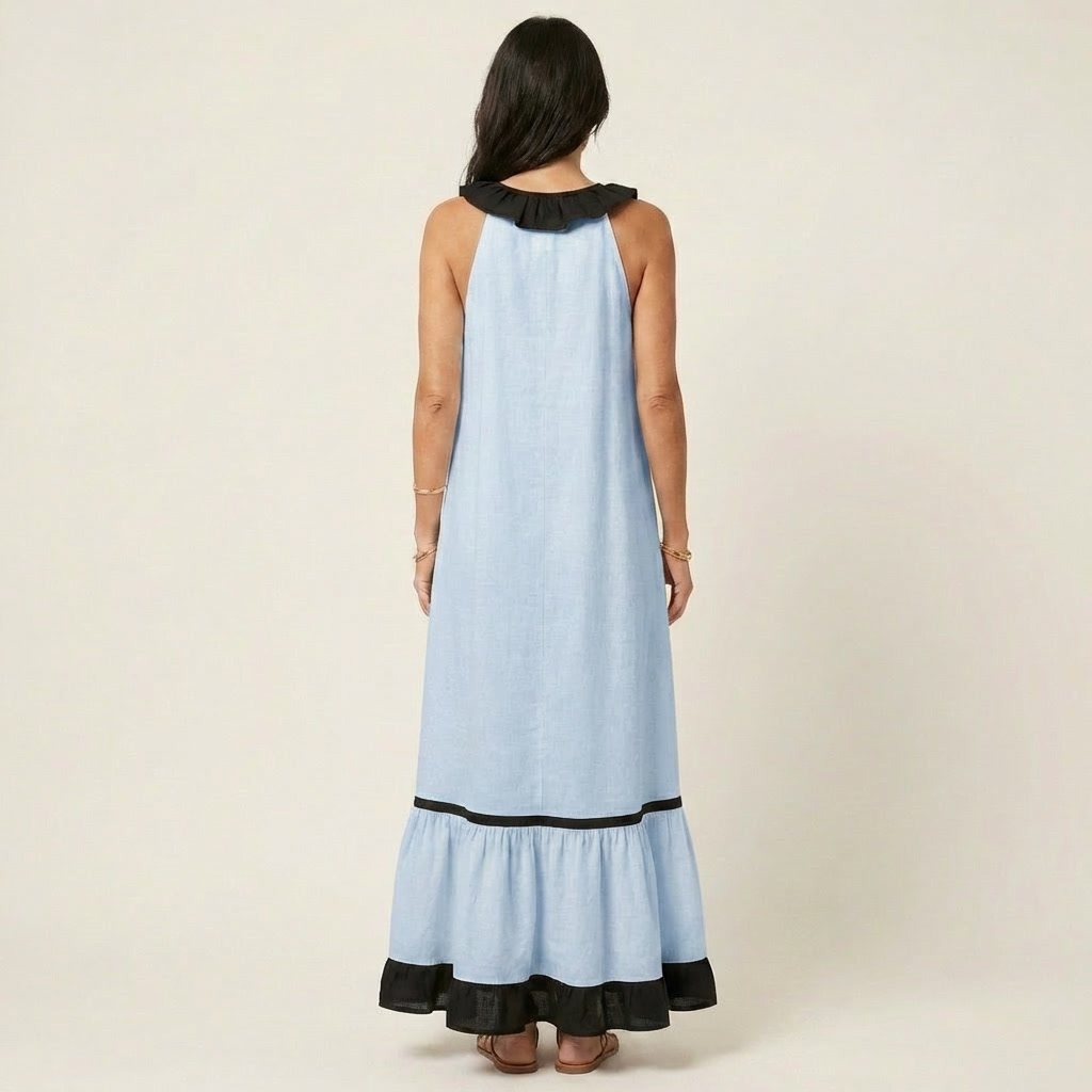 Mayline | Robe maxi sans manches avec col à volants et bordure contrastée