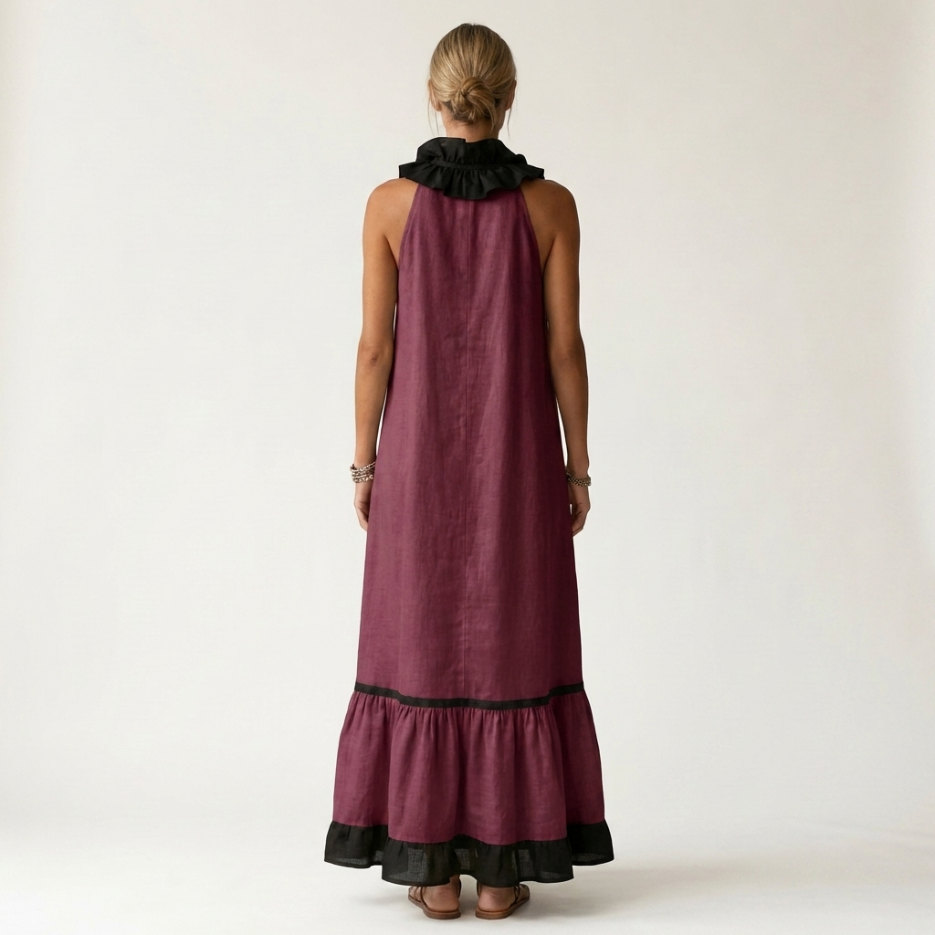 Mayline | Robe maxi sans manches avec col à volants et bordure contrastée