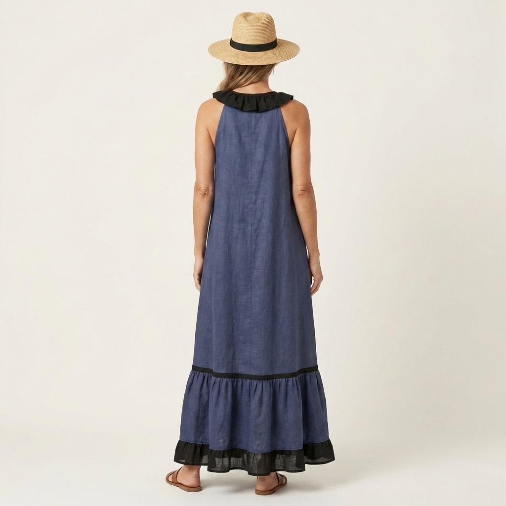 Mayline | Robe maxi sans manches avec col à volants et bordure contrastée