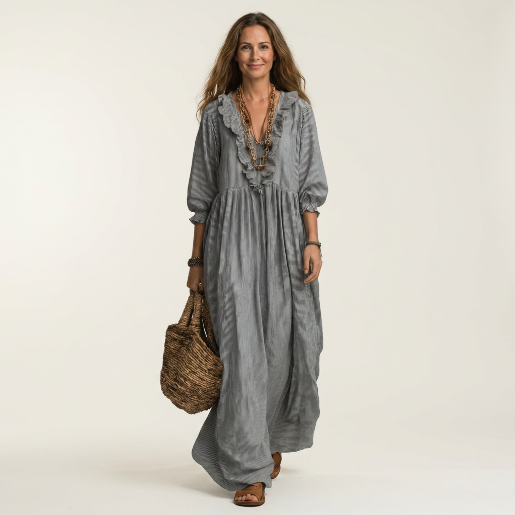 Yosetta | Robe Maxi à Rayures avec Volant et Décolleté en V