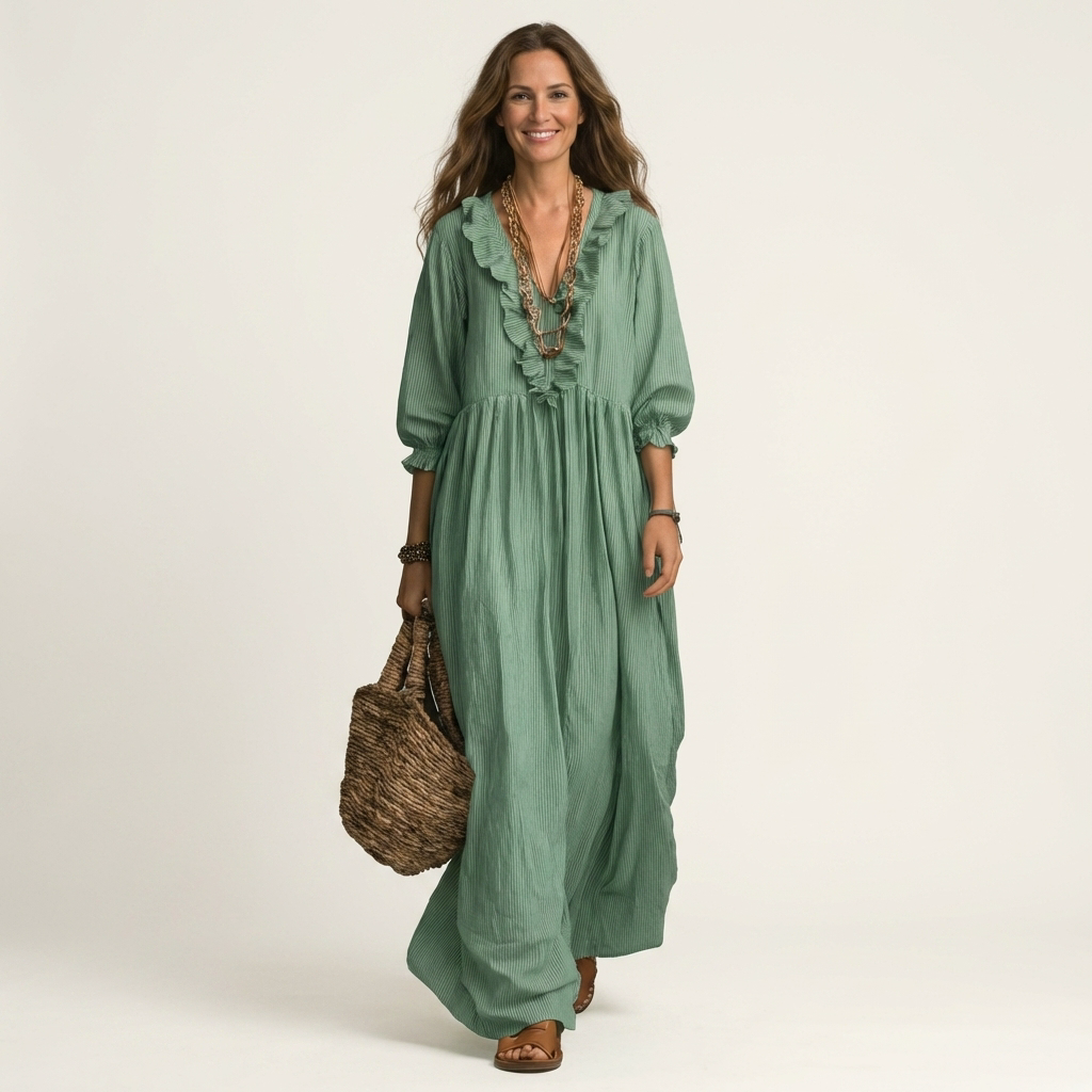 Yosetta | Robe Maxi à Rayures avec Volant et Décolleté en V
