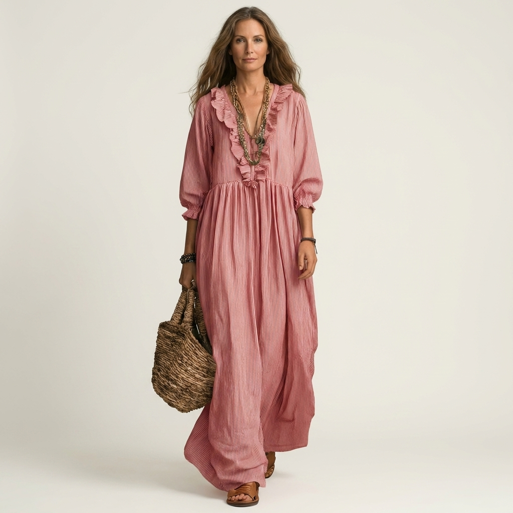 Yosetta | Robe Maxi à Rayures avec Volant et Décolleté en V