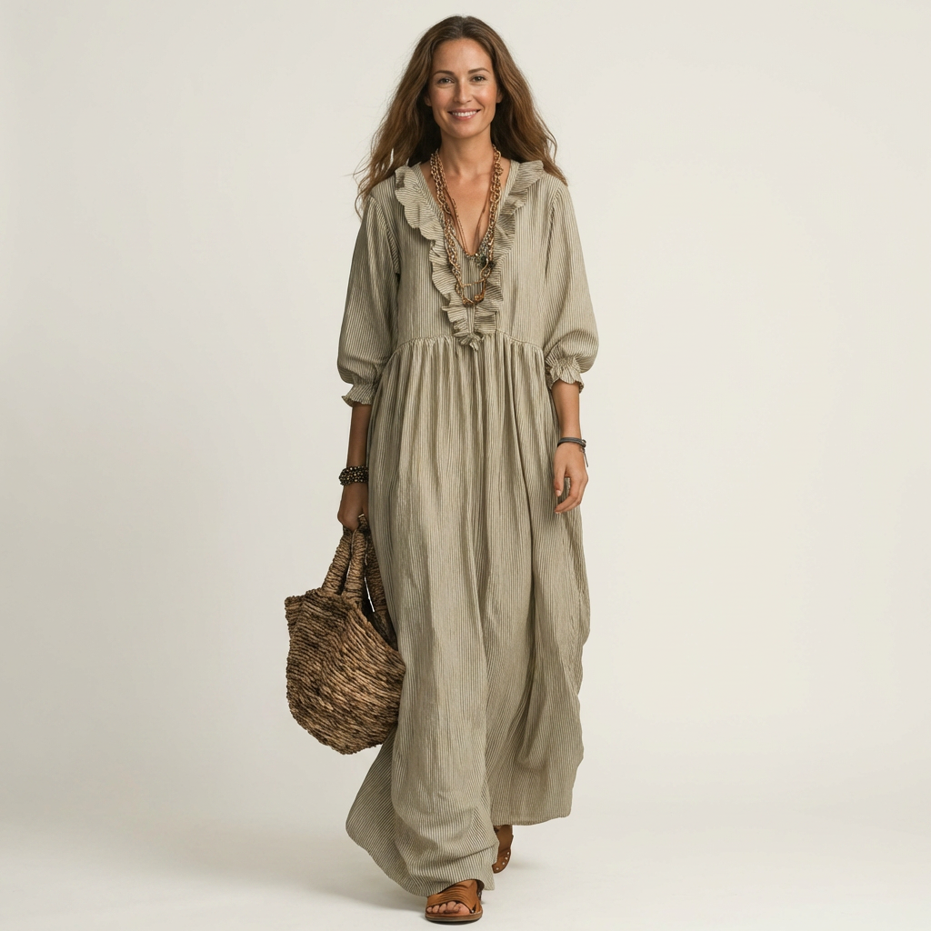 Yosetta | Robe Maxi à Rayures avec Volant et Décolleté en V