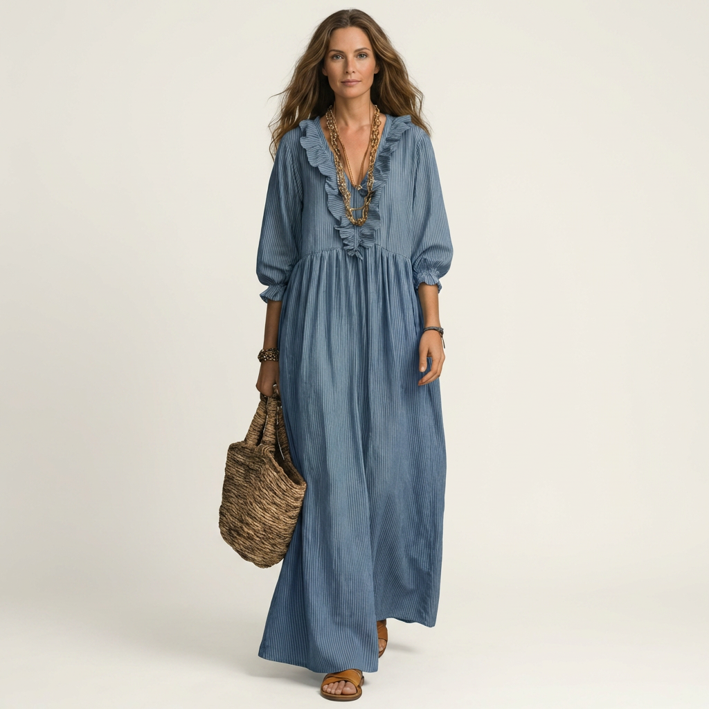 Yosetta | Robe Maxi à Rayures avec Volant et Décolleté en V