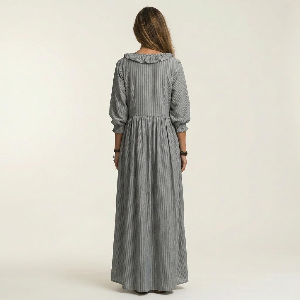 Yosetta | Robe Maxi à Rayures avec Volant et Décolleté en V
