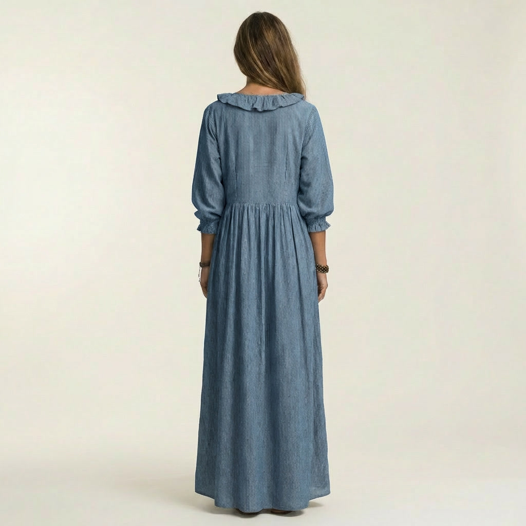 Yosetta | Robe Maxi à Rayures avec Volant et Décolleté en V