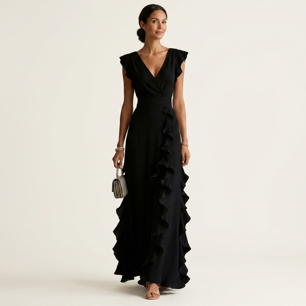 Nellyana | Robe Maxi à Encolure V Croisée et Manches Volantes