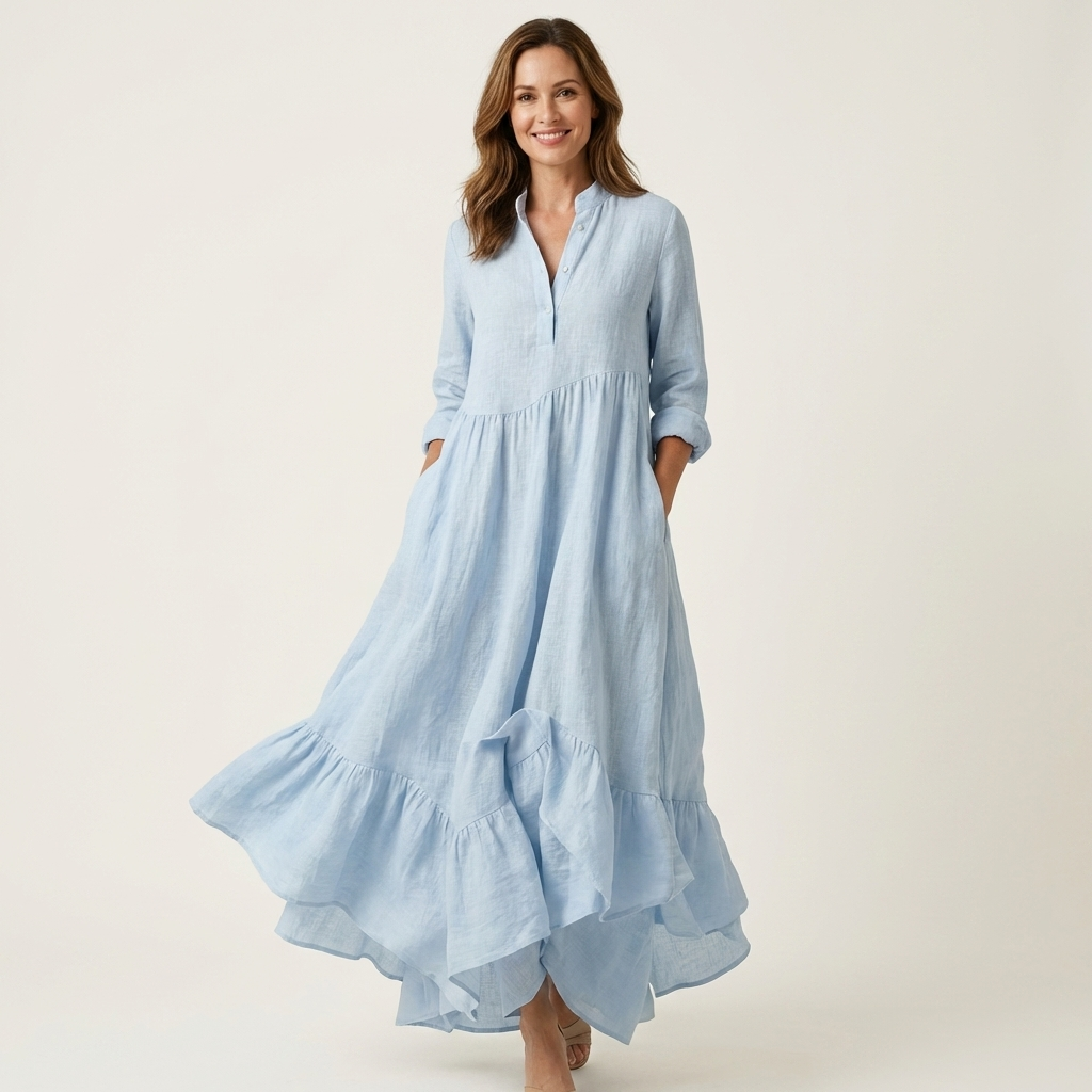 Jilana | Robe Maxi à Col Montant, Boutonnée, avec Ourlet Volant