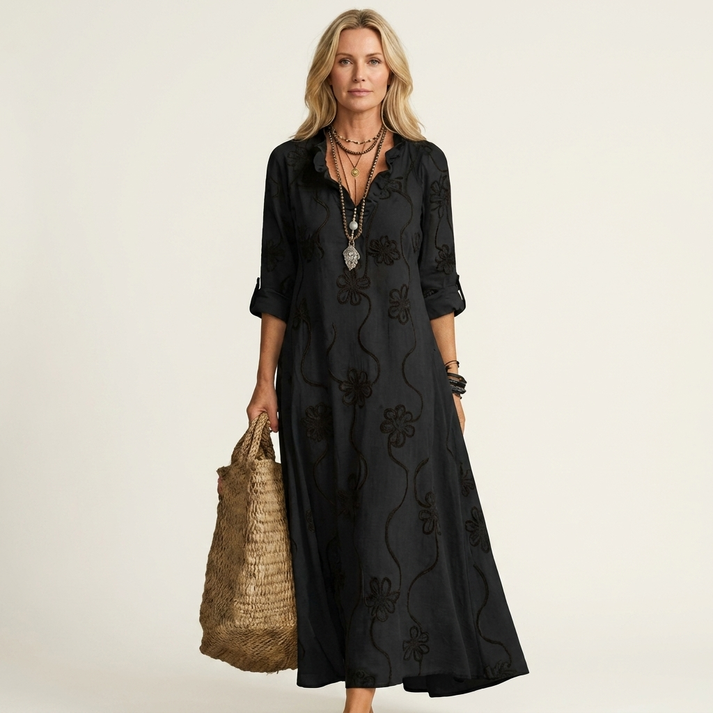 Mariam | Robe Maxi en Coton-Lin avec Broderie Florale Ton sur Ton