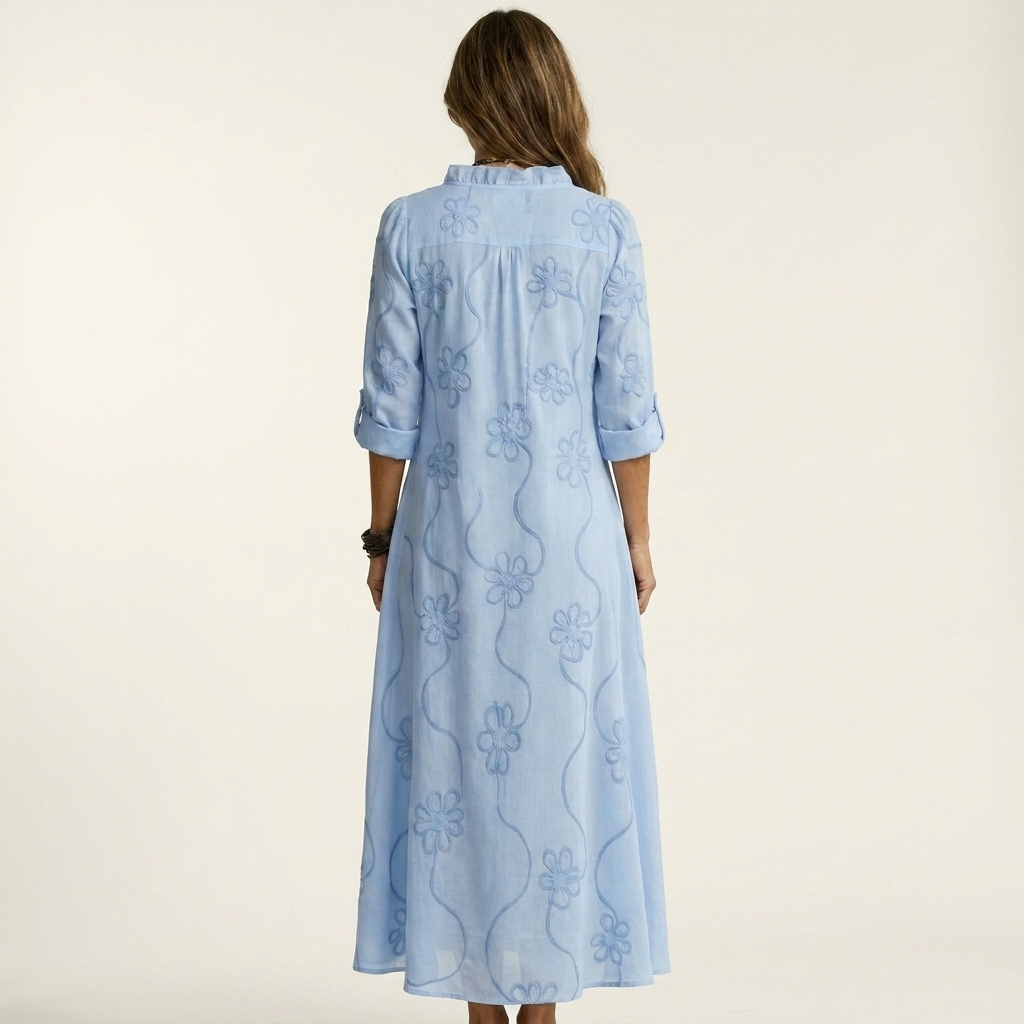 Mariam | Robe Maxi en Coton-Lin avec Broderie Florale Ton sur Ton