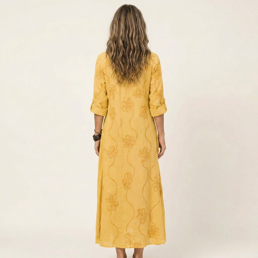Mariam | Robe Maxi en Coton-Lin avec Broderie Florale Ton sur Ton