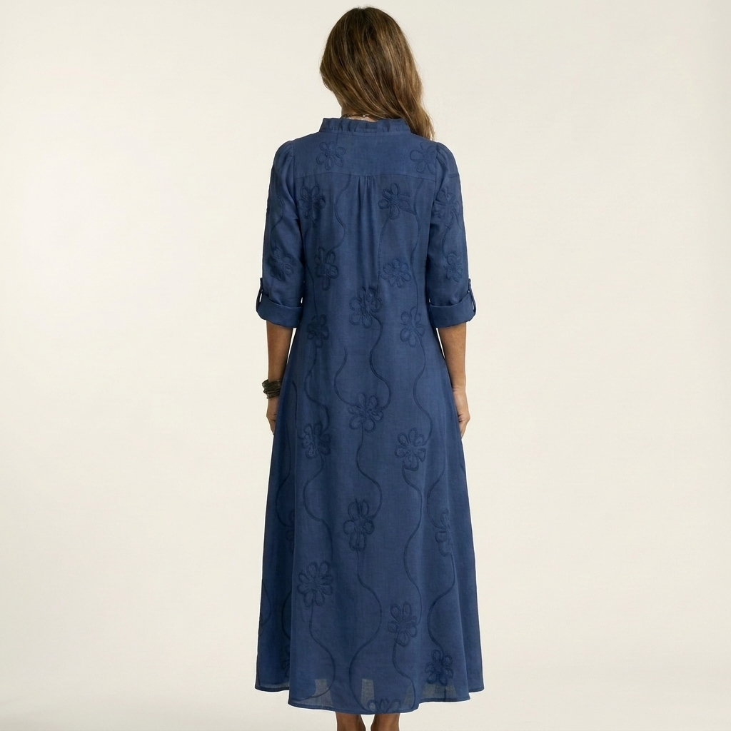 Mariam | Robe Maxi en Coton-Lin avec Broderie Florale Ton sur Ton