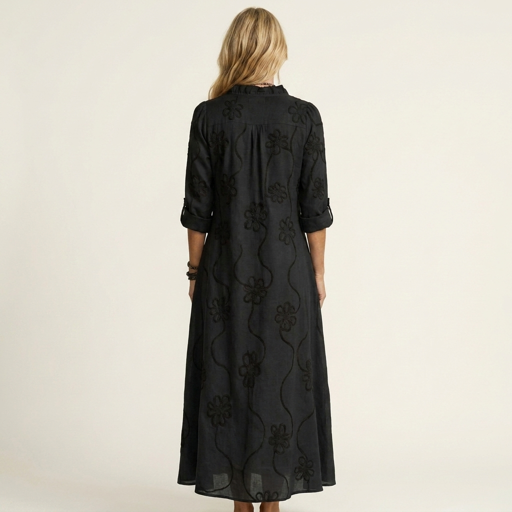 Mariam | Robe Maxi en Coton-Lin avec Broderie Florale Ton sur Ton