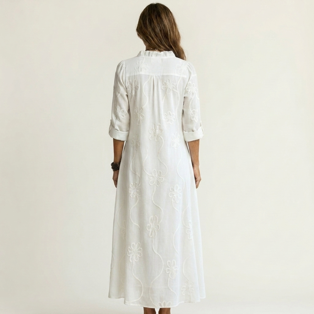 Mariam | Robe Maxi en Coton-Lin avec Broderie Florale Ton sur Ton