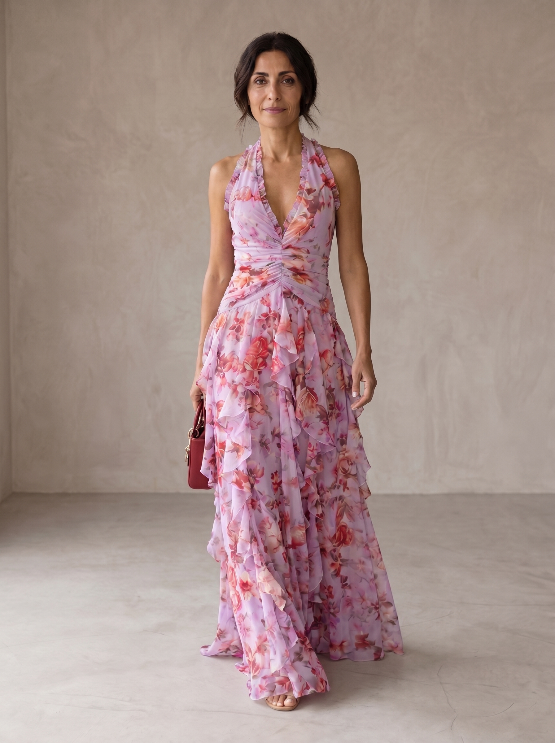 Belladina | Robe longue romantique à cascade de roses avec décolleté américain